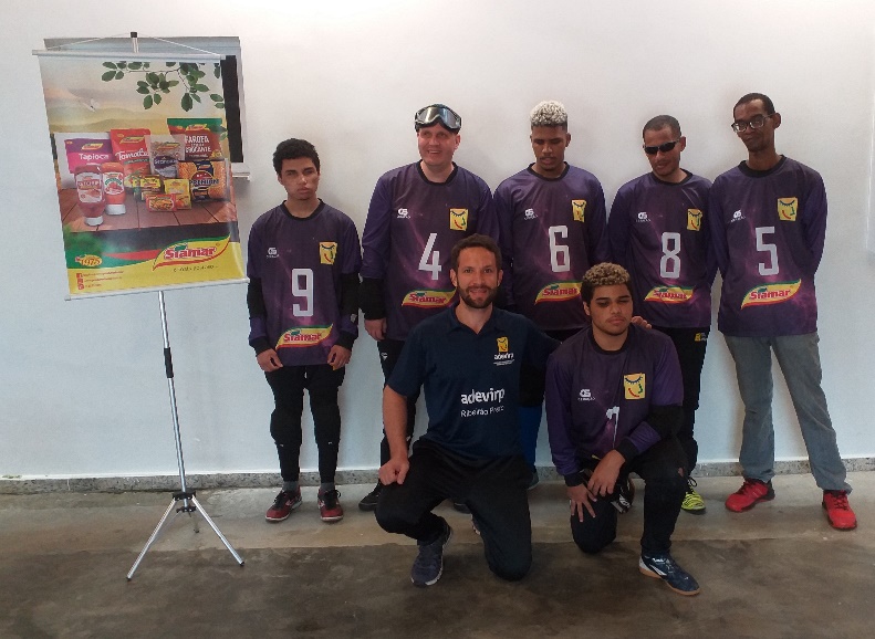 Fotografia colorida, em plano geral, mostra o time de Golból da Adevirpi em pose para a foto.
O fundo é uma parede branca e à esquerda há um bâner do patrocinador da equipe, Siamar Alimentos.
Da esquerda para a direita, lado a lado, estão em pé cinco jogadores e na frente, ajoelhados, um jogador e o treinador. Todos usam o uniforme da equipe, que é azul escuro com a logomarca da Adevirpi.