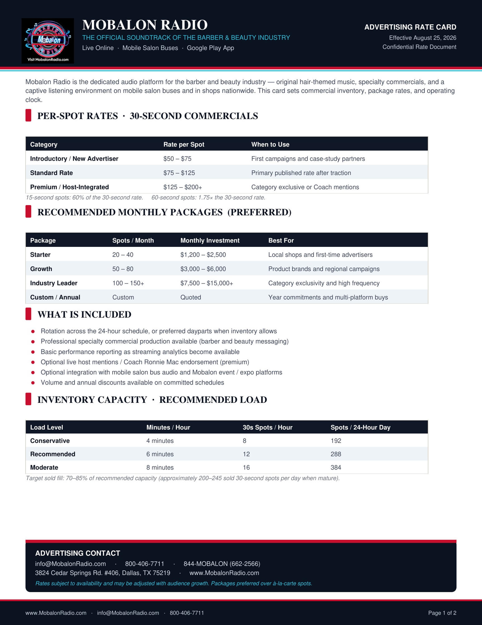 MOBALON Radio Advertising Rate Card page 1